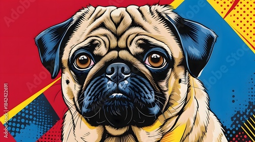 Playful Pug Portrait with Bold Colors and Graphic Design Elements