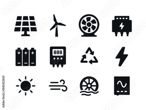 Hybrid Energy Icons. Hybrid renewable systems. Solid icon set of