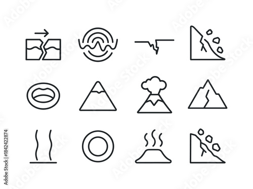 Geological Hazard Icons. Geological hazards. Line icon set of ge