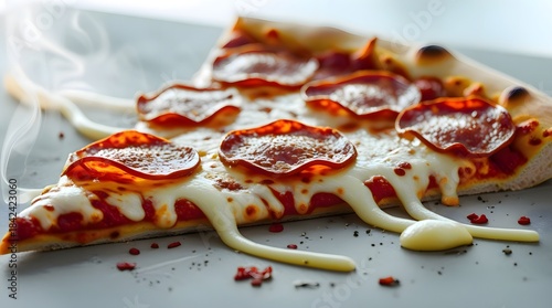 Freshly Baked Pepperoni Pizza Slice with Melted Cheese and Steam