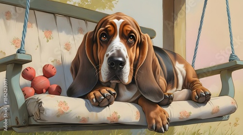 Relaxed Basset Hound on a Swing Enjoying a Sunny Day Outdoors