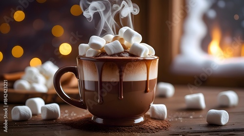 Hot Chocolate with Marshmallows and Cozy Winter Fireplace Atmosphere