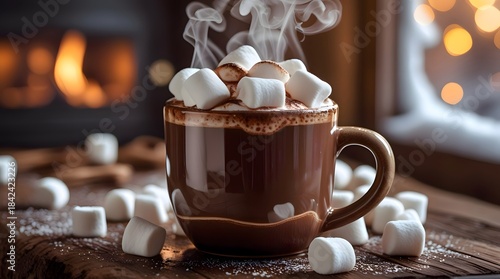 Cozy Cup of Hot Chocolate with Marshmallows by the Fireplace