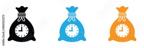 Money and time icon. Dollar sign and clock. Wealth and time concept. Money bag with clock icon set black and red. money bag economy with alarm clock vector illustration design. Vector image.