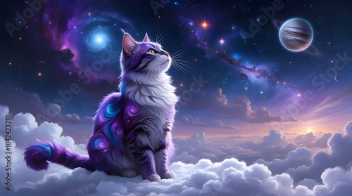 Cosmic Cat Gaze in Nebula with Stars and Planets in Space