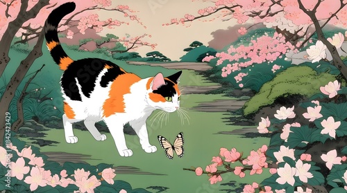 Cat in Blooming Cherry Blossom Garden with Butterfly