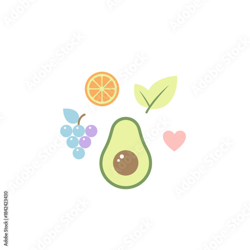 Healthy Food Icons - Avocado, Grapes, Orange, Spinach, and Heart.