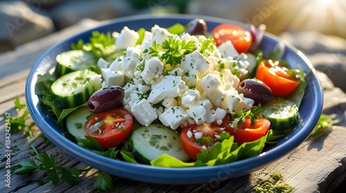 Fresh Vegetable Salad with Feta Cheese and Olive Garnish