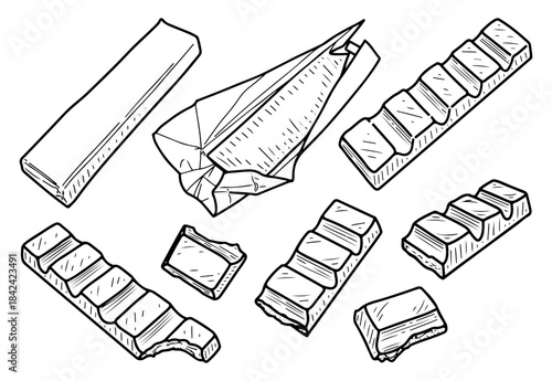 Set of candy bars. Sketch vector hand drawn. Sweet chocolate. Sugar food dessert. Dairy filling. Yummy for kids. Yum. Tasty treat. Slice. Whole in wrapper. Bite. Engraving graphic art illustration.