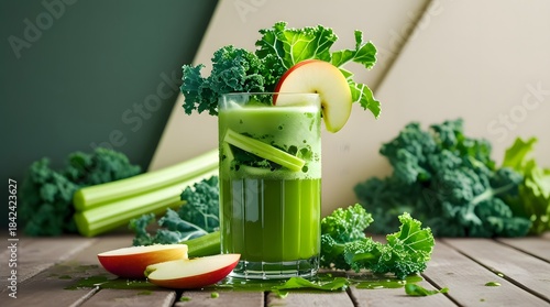 Fresh Green Juice in Glass with Apple and Kale on Wooden Table