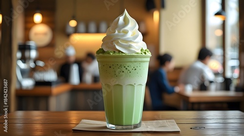 Creamy Matcha Beverage with Whipped Topping in Cozy Cafe Setting