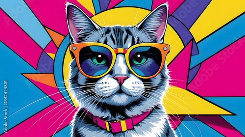 Vibrant Cat Illustration with Sunglasses and Colorful Background