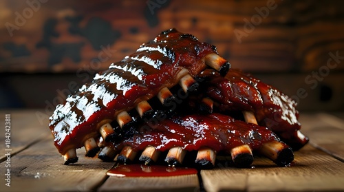 Juicy Barbecue Pork Ribs with Tangy Sauce on Wooden Table