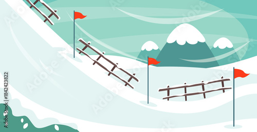 Winter landscape illustration with snowy hills, fences, red flags, and mountains in pastel green tones. Clean, minimal seasonal design perfect for winter sports themes, banners, and holiday graphics.