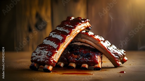 Succulent Barbecue Ribs Glazed with Tangy Sauce on Wooden Surface