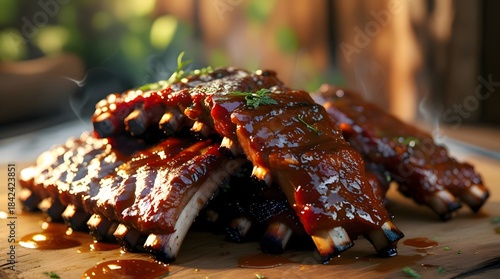 Delicious Barbecue Ribs with Glaze and Fresh Herbs on Wooden Board
