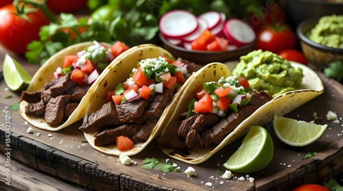 Tasty Beef Tacos with Fresh Vegetables and Sides on Wooden Board