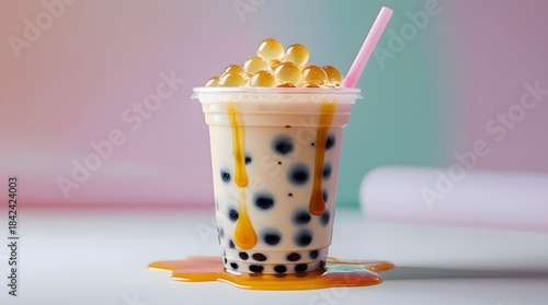 Colorful Bubble Tea Drink with Tapioca Pearls and Flavorful Drizzle