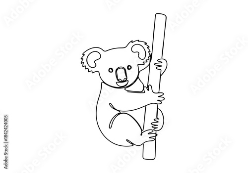 Minimalist black and white line art drawing of a cute koala bear holding onto a tree branch, simple illustration.