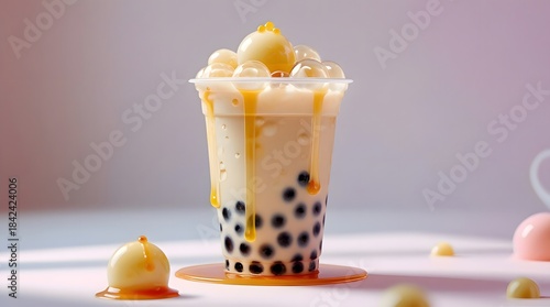 Refreshing Bubble Tea with Tapioca Pearls and Creamy Topping