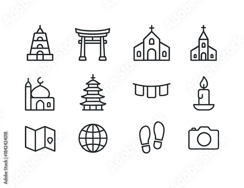 Sacred Sites Icons. Sacred Sites Tourism. Line icon set of Sacre