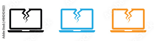 Broken laptop screen icon set in three colors. Broken laptop icon with a cracked screen for a damaged computer A symbol for an error crash problem or hardware failure needing repair service. 