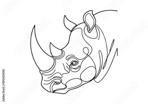 Continuous line art drawing of a rhinoceros head, minimalist black and white illustration.