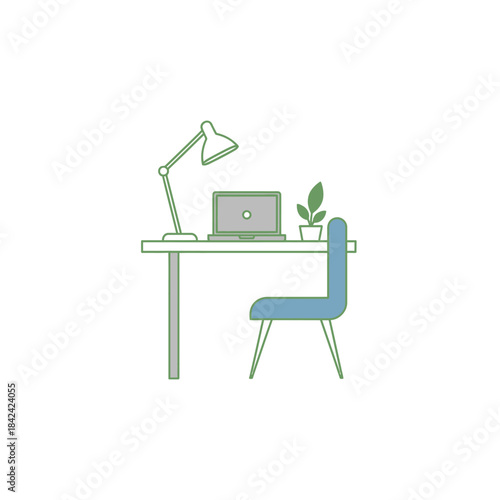 Minimalist Home Office Setup with Laptop, Lamp, Plant, and Chair.