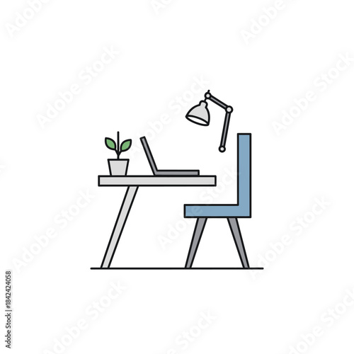 Minimalist Home Office Setup with Laptop, Plant, and Desk Lamp Illustration.