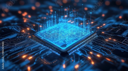 Closeup of a glowing blue microchip on a circuit board with orange lights