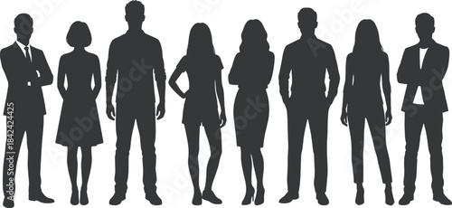 Vector set of male and female business people silhouettes in formal suits with bags, purposefully walking, representing career, daily commute, travel, and corporate success.