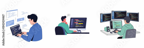 Minimalist Flat Illustration of Software Development Process with Developers at Computer