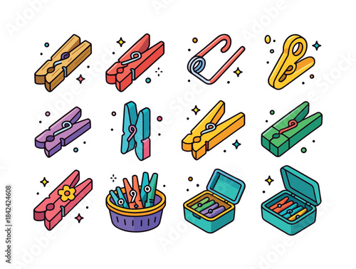 Vibrant Clothespin Icons. Laundry Pin. Colorful isometric vector