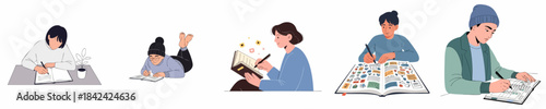 Flat Illustration Diverse Student Doing Homework and Studying Character Collection