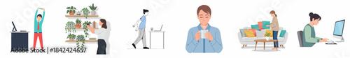 Simple Illustration Set of People Working From Home and Doing Daily Activities