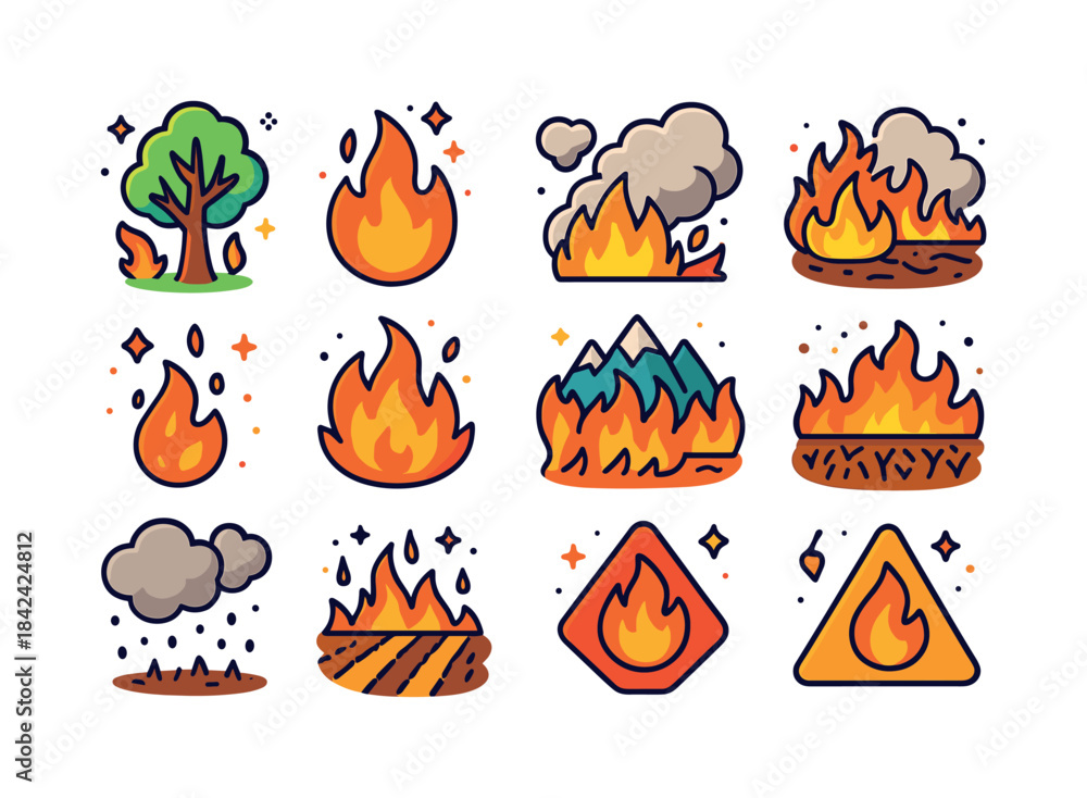 Fototapeta premium Colorful Fire Icons. Fire disasters. Colorful isometric vector i