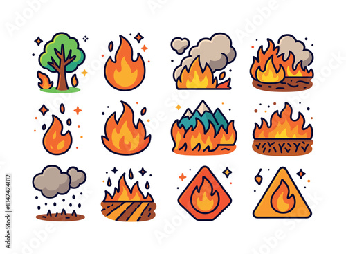 Colorful Fire Icons. Fire disasters. Colorful isometric vector i
