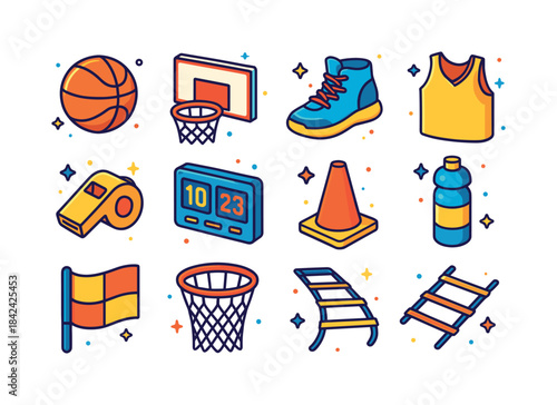 Basketball Gear Icons. Basketball equipment. Colorful isometric