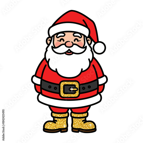 A charming illustration of Santa Claus in his traditional red and white suit, complete with a golden belt and sparkling boots, ready for the festive season