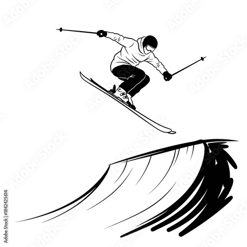 Freestyle skier jumping with ski poles in halfpipe at winter resort  