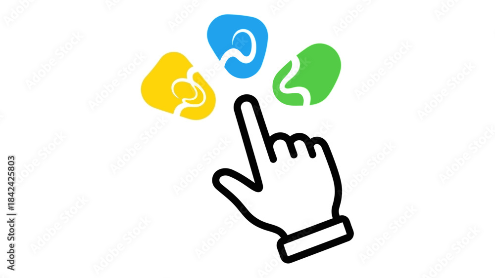 Obraz premium A cursor hand pointing at three colorful abstract shapes, symbolizing choice or interaction.