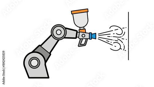 A robotic arm is shown holding a spray gun, applying paint to a vertical surface. This illustrates industrial automation and precision painting.