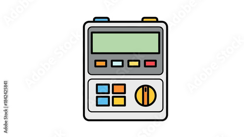 Cartoon illustration of a digital multimeter or timer with a screen and various buttons and a dial.