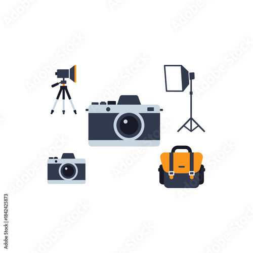 Photography Equipment Set - Cameras, Lighting, and Bag for Studio Work.