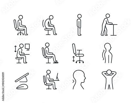 Ergonomic Icon Set. Ergonomic Posture Adjustments. Line icon set
