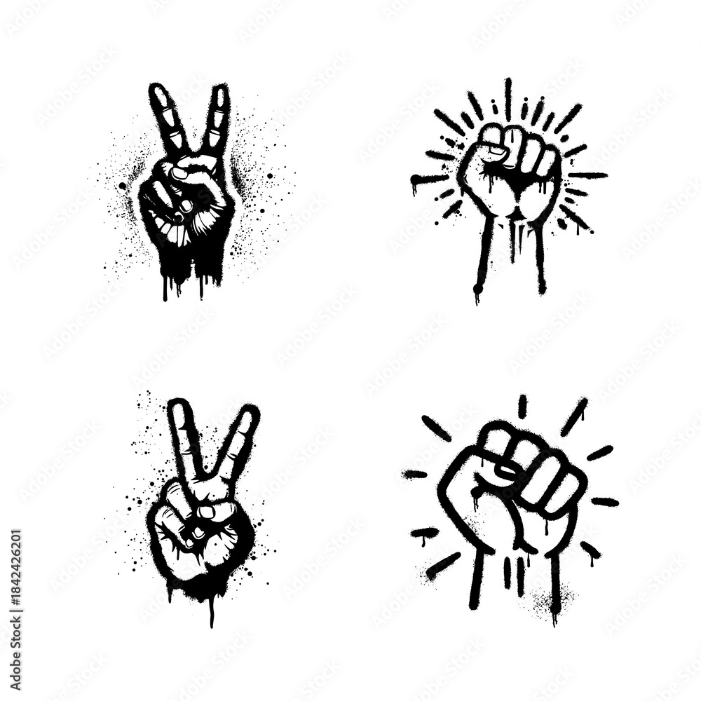 Obraz premium Black Spray Paint Graffiti Icons: Fists and Victory Peace Hand Gestures Set