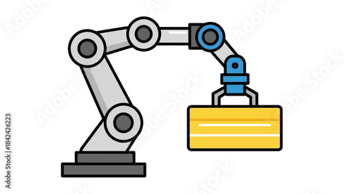 A cartoon illustration of a robotic arm with a gripper holding a yellow rectangular box, symbolizing automation and industrial processes.
