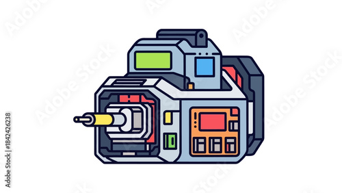 A stylized illustration of a fiber optic fusion splicer or similar electronic device with screens and buttons.