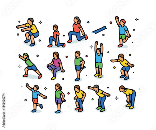 Colorful Fitness Icons. Fitness postures. Colorful isometric vec