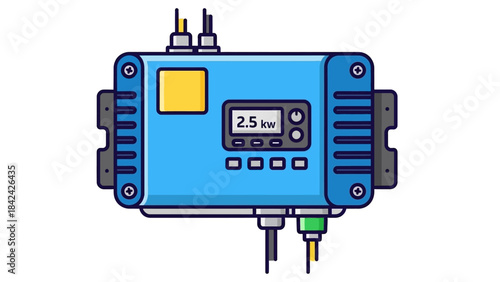 A blue electronic power converter with a digital display showing 2.5 kW output and various cable connections.